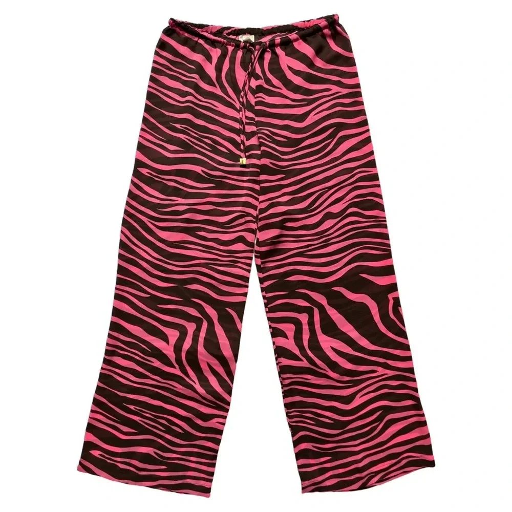 Michael Kors Semi Sheer Pink & Brown Zebra Print Swim Suit Cover Up Wide Leg
